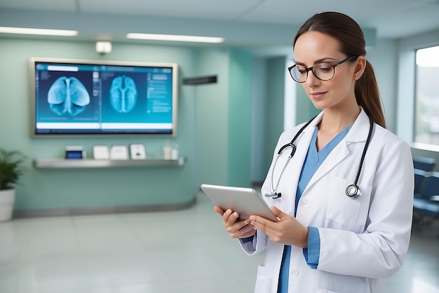 Médica usando um tablet no lobby do hospital