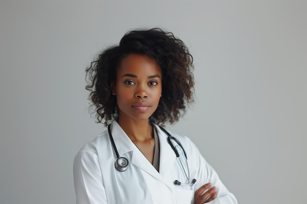 Foto médica vestindo casaco de laboratório branco sapato elegante com um estetoscópio ao redor do pescoço ela é confidencial