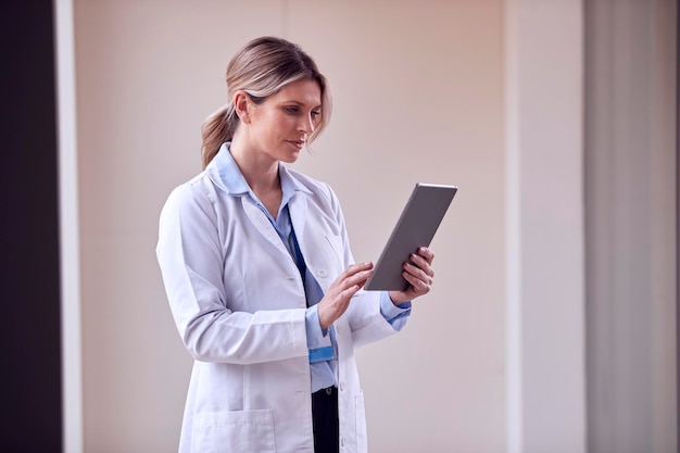 Médica vestindo jaleco branco em pé no corredor do hospital olhando para tablet digital