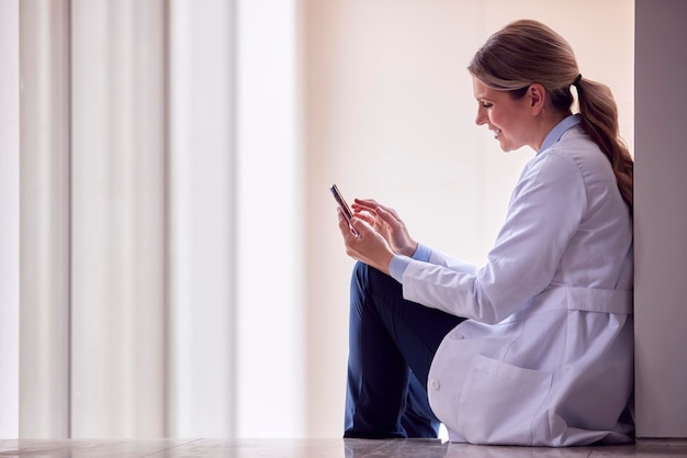 Médica vestindo jaleco branco sentada no chão no corredor do hospital usando telefone celular