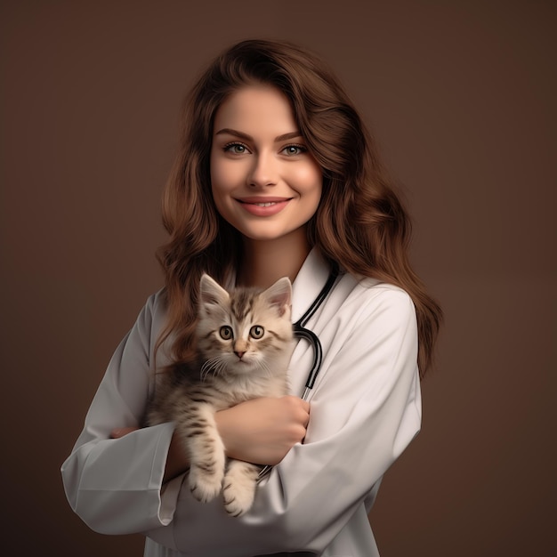 Médica veterinaria con un gatito en el fondo marrón