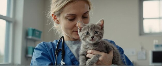 Médica veterinária segurando um gatinho bonito nos braços na clínica