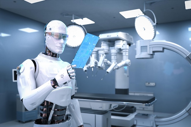 Medical technology concept with 3d rendering cyborg diagnos with CArm machine 
