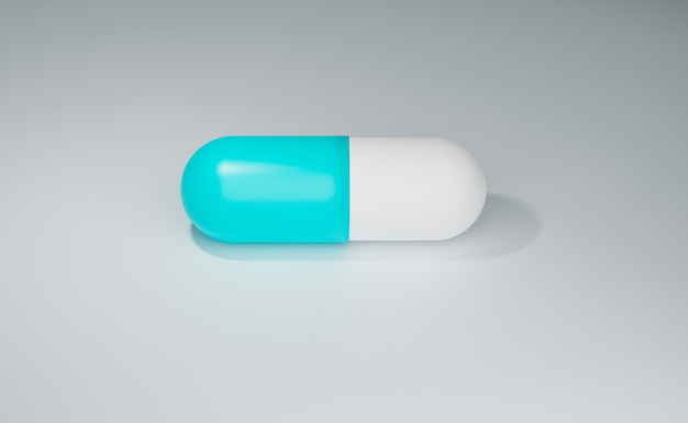 Medicamento de cápsulas de color azul y blanco sobre fondo blanco, representación de ilustración 3d