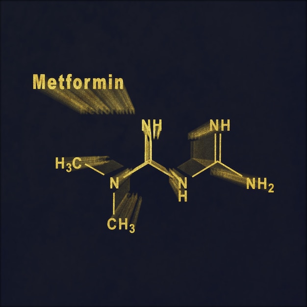 Medicamento para la diabetes metformina, fórmula química estructural oro sobre fondo oscuro