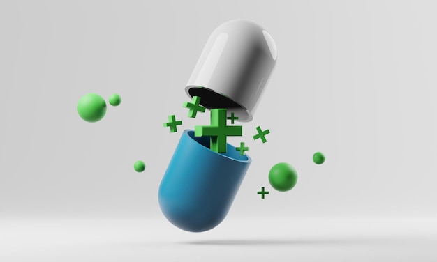 Medicamento para pílulas de paciente cápsula de medicamento para cuidados de saúde em hospital médico e seguro de tratamento renderização de ilustração 3d