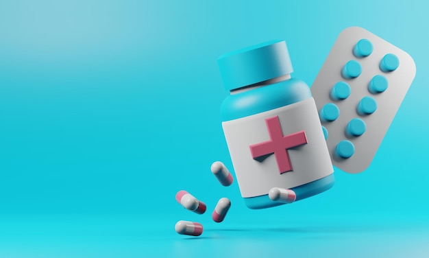 Medicamento para pílulas de paciente cápsula de medicamento para cuidados de saúde em hospital médico e seguro de tratamento renderização de ilustração 3d