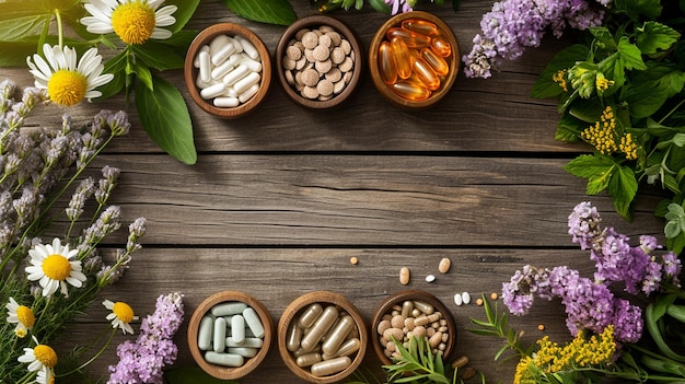 medicamentos à base de plantas naturais e comprimidos com flores