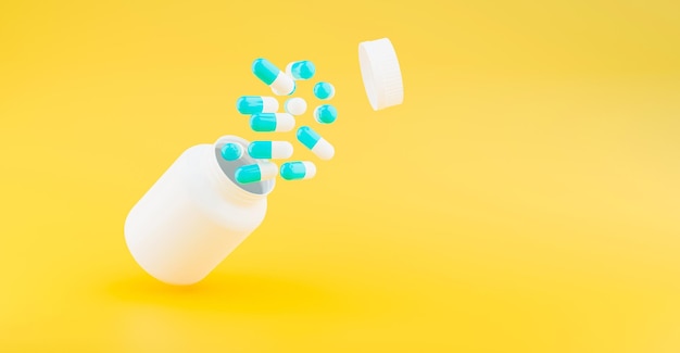 Medicamentos en cápsulas azules y blancas con recipiente para medicamentos