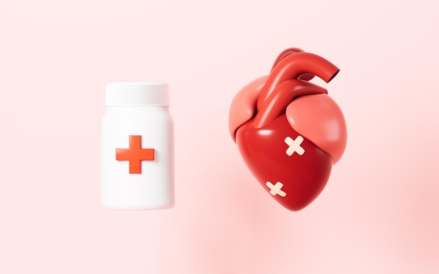 Medicamentos para el corazón lesionado salud del corazón tratamiento del corazón representación 3d