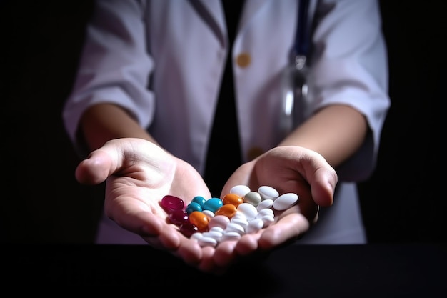 Medicamentos e comprimidos na mão de um médico contra um fundo de estúdio