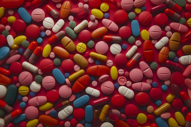 Medicamentos e comprimidos variados em fundo amarelo
