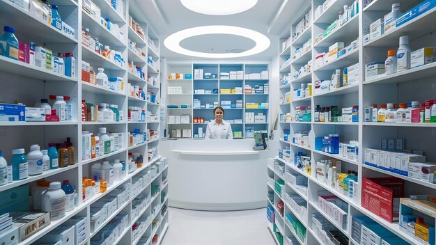 Medicamentos en estantes en el interior de las farmacias