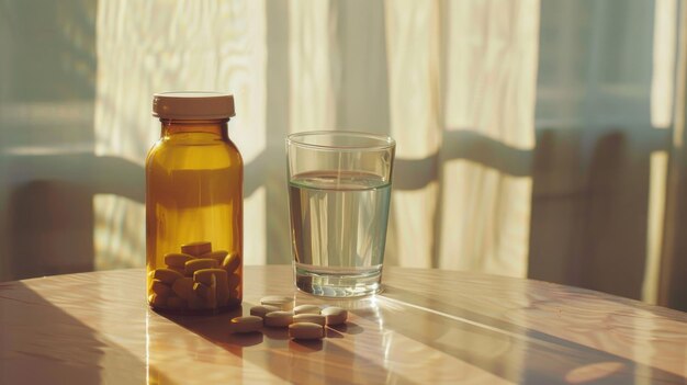 Medicamentos o vitaminas y un vaso de agua Tomar medicamentos AI generativo