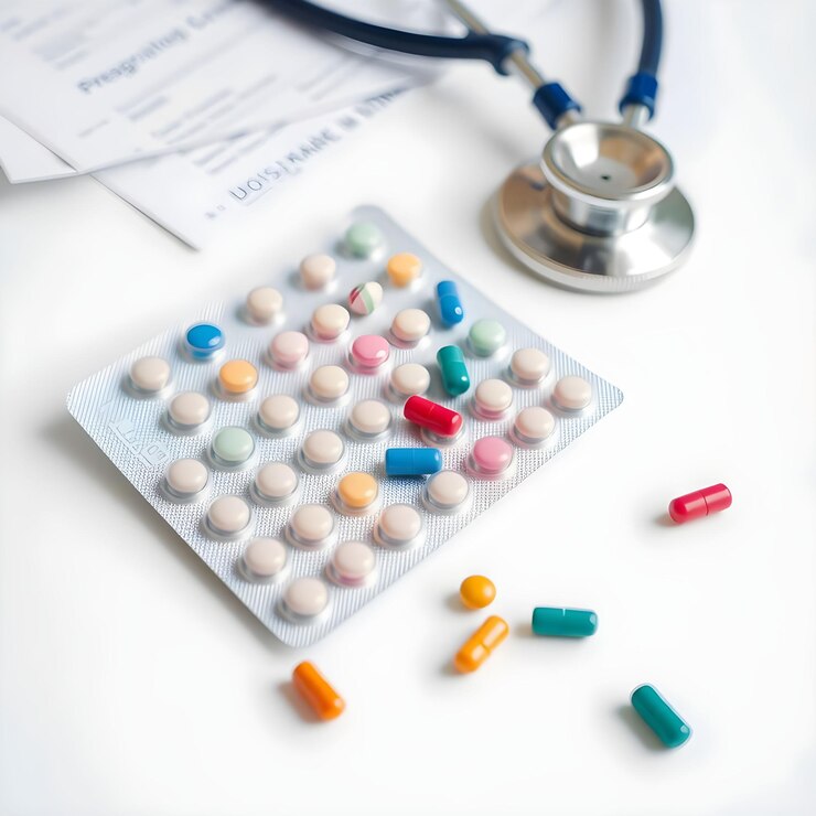 Medicamentos recetados y estetoscopio sobre un fondo blanco