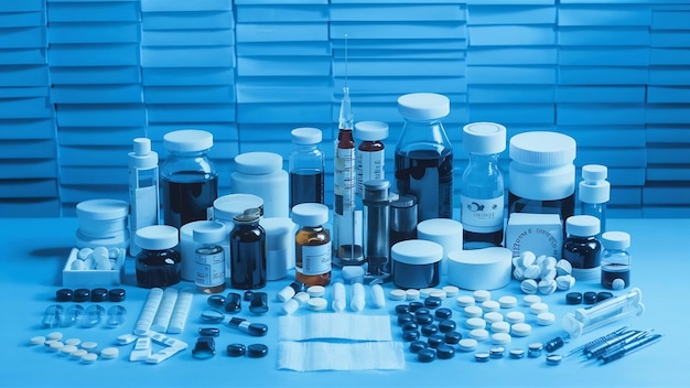 De los medicamentos y suministros médicos colocados en un azul