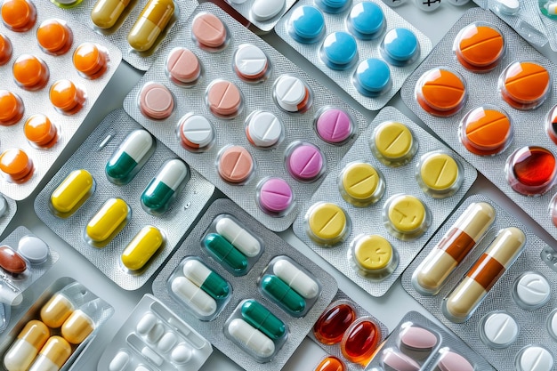 Medicamentos variados en ampollas de plástico, ampollas y comprimidos generados por IA
