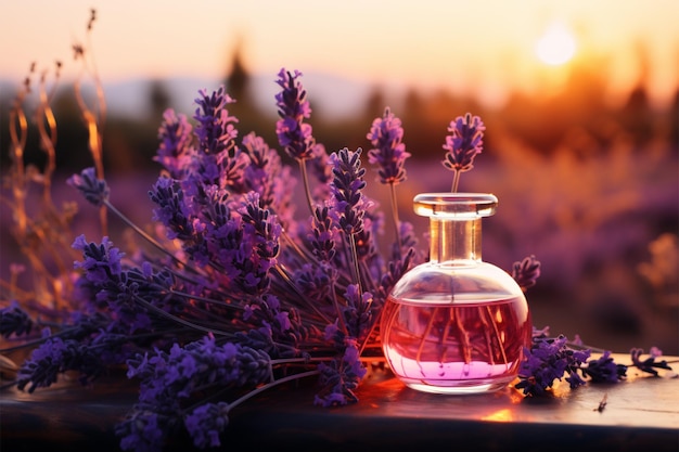 Medicina alternativa e perfumaria unem panorama de lavanda com frascos de óleos essenciais