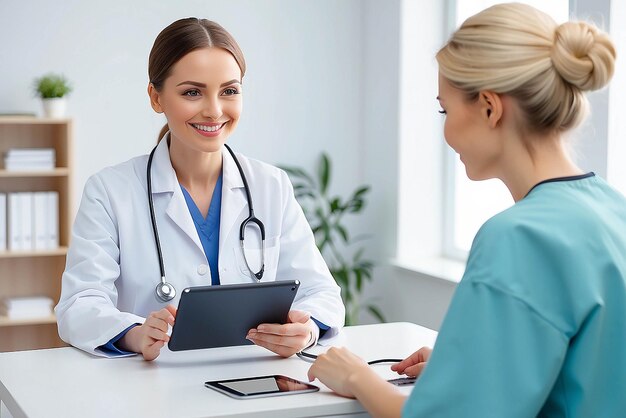 Medicina, atención médica y concepto de personas Médica con tablet PC hablando con una mujer paciente sonriente en el hospital