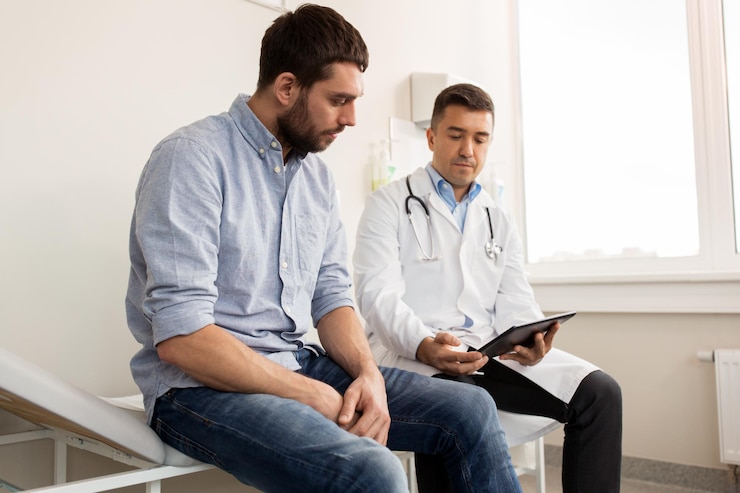 Foto medicina atención médica y concepto de personas médico con clipboard y joven paciente masculino con problemas de salud reunión en el hospital