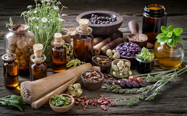 Medicina a base de hierbas en el fondo de la mesa de madera