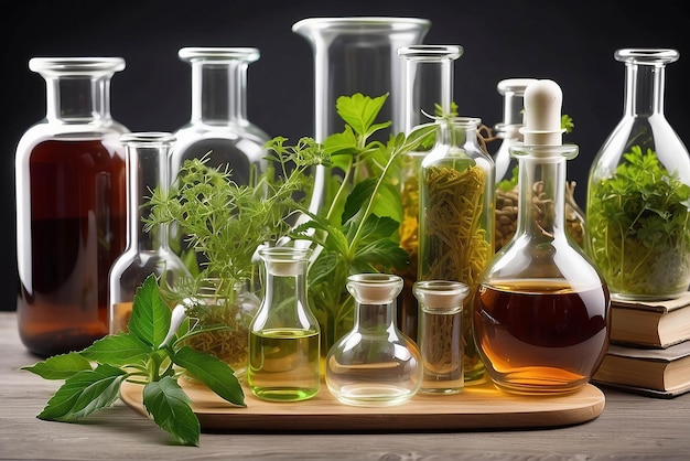 medicina a base de hierbas, investigación natural, orgánica y científica en la fabricación de vidrio