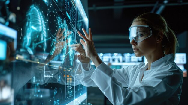 Foto medicina com tecnologia futurista médicos colaboram com computadores e hologramas materializam dados médicos intrincados simbolizando um futuro harmonioso de integração digital avançada da saúde