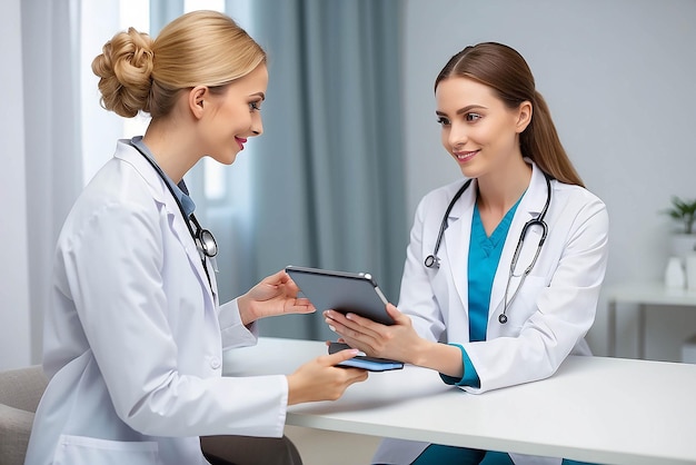 medicina cuidados de saúde e pessoas conceito médica com tablet computador falando com paciente mulher no hospital