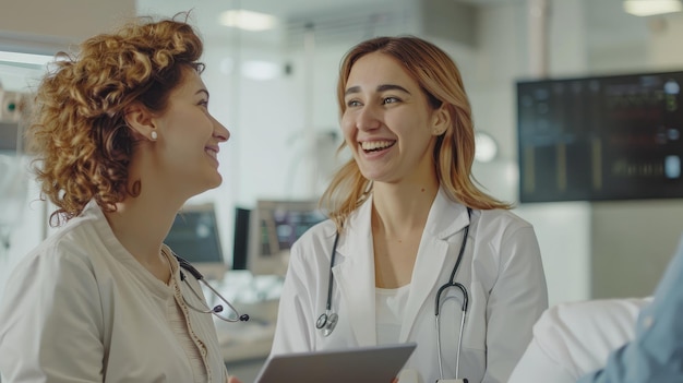 medicina cuidados de saúde e pessoas conceito médica com tablet computador falando com sorridente paciente mulher no hospital