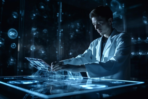Medicina do futuro Médico de medicina usando interface futurista médica digital Rede de neurônios fluorescentes moleculares e DNA é usado em medicina Laboratório de diagnóstico de análise de saúde