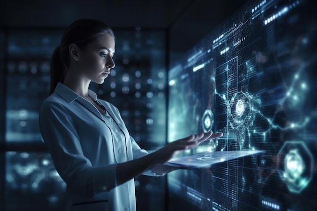 Medicina do futuro Tecnologia de saúde e conceito de rede DNA Saúde digital e rede no holograma Médico futurista Engenharia e tecnologia médica IA generativa