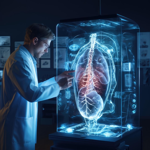 Medicina futurista cirurgia tratamento tecnologia científica holograma tela dna realidade virtual realização altamente científica placa holográfica digital tecnológica representada corpo coração pulmões