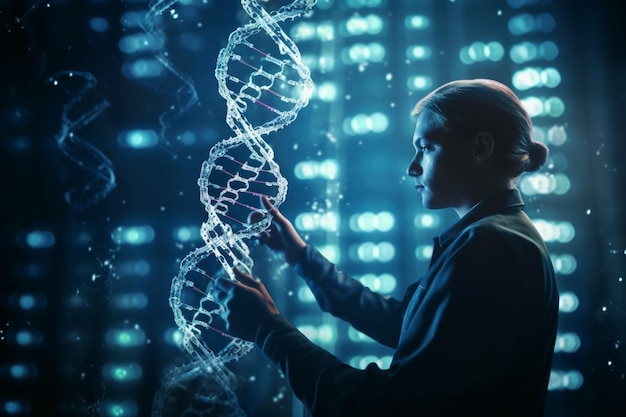 Medicina del futuro Médico de medicina que utiliza una interfaz futurista médica digital La red de neuronas fluorescentes moleculares y el ADN se utilizan en medicina Análisis de salud Diagnóstico de laboratorio