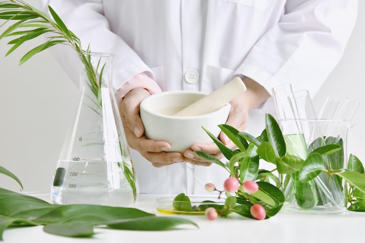 Medicina herbal alternativa, argamassa com ervas medicinais de cura