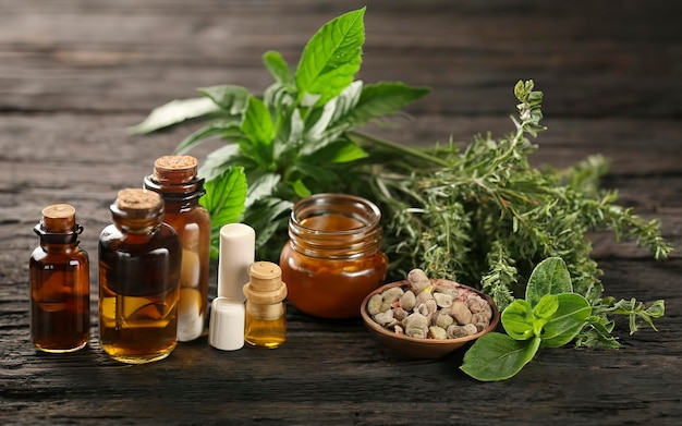 Medicina herbal em fundo de mesa de madeira