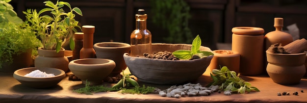 Foto la medicina herbal tradicional ayurvédica expuesta sobre un fondo de madera
