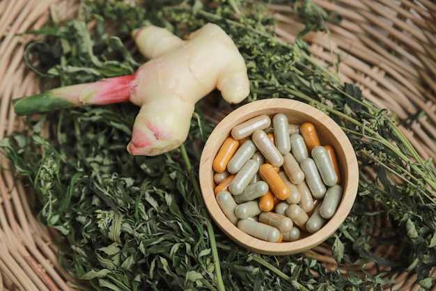 Foto medicina herbaria del árbol de hojas de jengibre y cannabis para usar como tratamiento médico para una buena vida