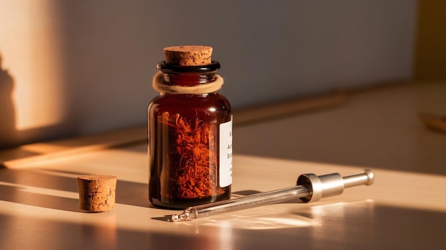 Medicina natural marrón en una botella pequeña con una pipeta