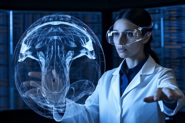 Medicina no futuro tela sensível ao toque do tablet móvel Nanotecnologia e inovação de holograma engenharia genética Médico usando interface médica digital futurista saúde e bem-estar