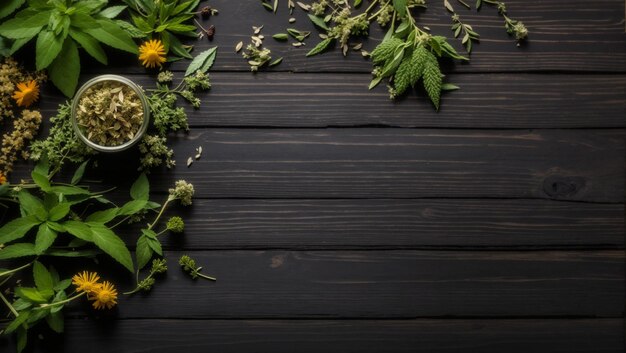 Medicina vegetal natural sobre el fondo de mesa de madera negra