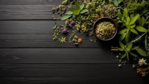 Foto medicina vegetal natural sobre el fondo de mesa de madera negra