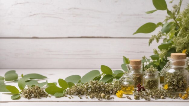 Foto medicina vegetal natural sobre fundo de mesa de madeira branca
