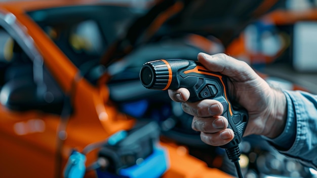 Foto medición de la temperatura del motor con un termómetro láser infrarrojo