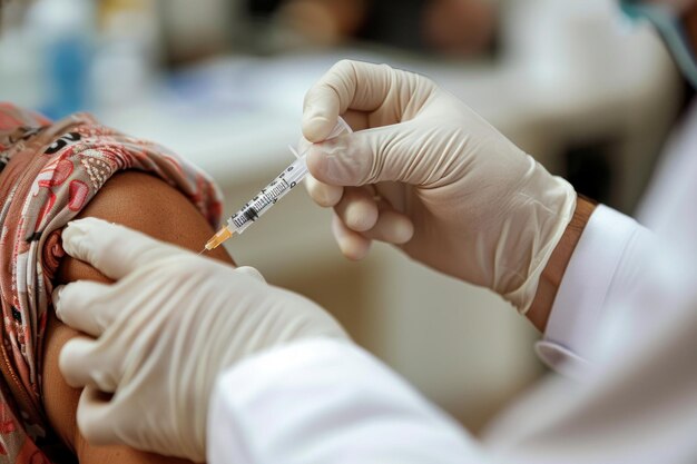 Foto médico administrando una vacuna un momento crucial en la salud pública como un profesional de la salud entrega una vacuna que protege a los individuos y comunidades contra enfermedades infecciosas