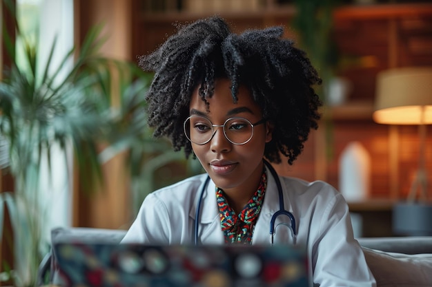 Foto médico africano haciendo atención médica en línea a través de videoconferencia con un gran espacio de copia ia generativa