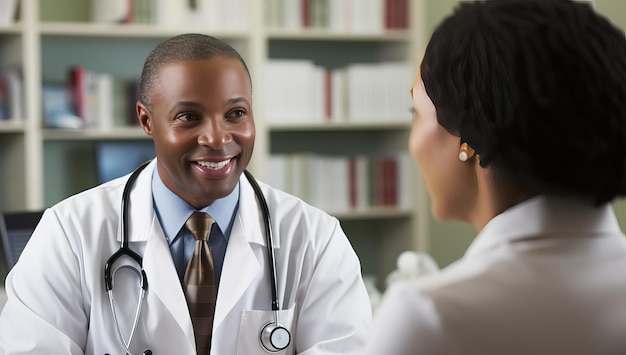 Médico afro-americano conversando com paciente do sexo feminino no consultório do hospital Conceito de medicina e saúde