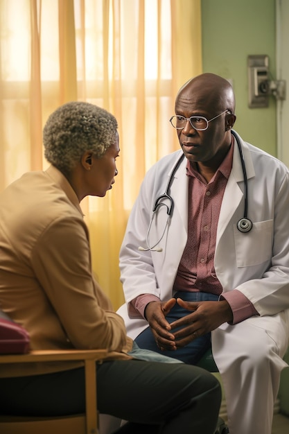 Médico afro-americano de óculos e jaleco branco está atendendo um paciente idoso no consultório