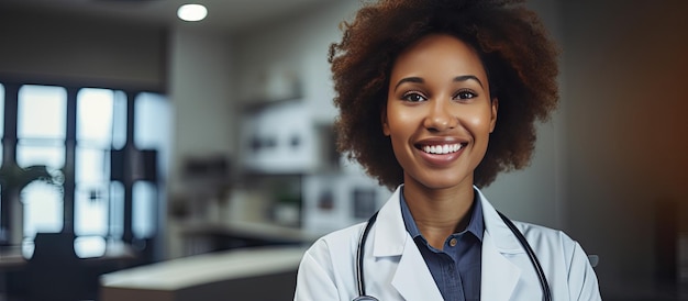 Médico afro-americano sorridente no consultório médico Conceito de assistência médica Seguro médico Espaço para cópia disponível