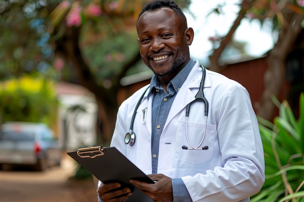 Médico afroamericano amigable y profesional con un proveedor de atención médica de confianza