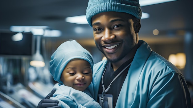 Foto médico afroamericano con un bebé en el hospital